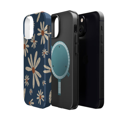 Vintage Daisies MagSafe iPhone Case – Navy Blue Floral Design, Scratch-Resistant with Shock-Absorbing Bumper