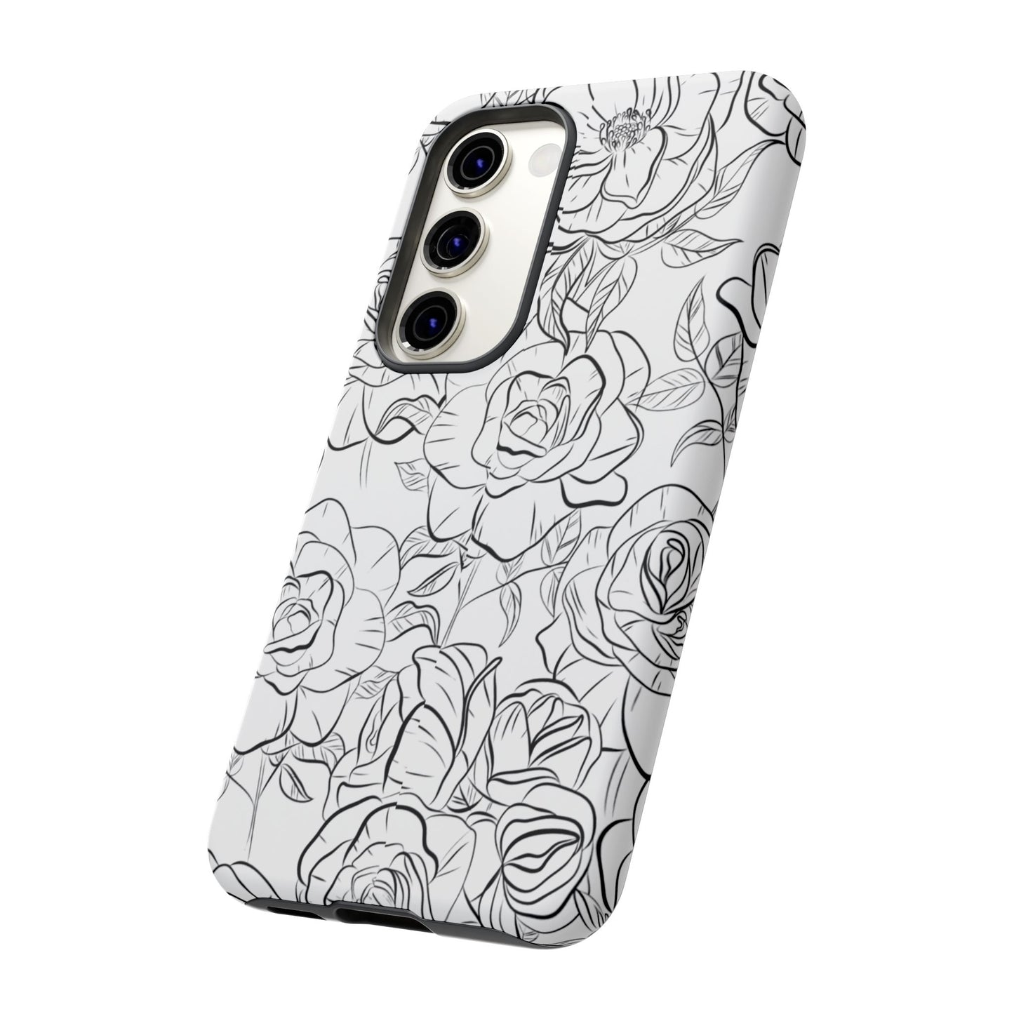 Monochrome Rose Garden Tough Samsung Galaxy Case – Elegant Floral Line Art with Dual-Layer Protection