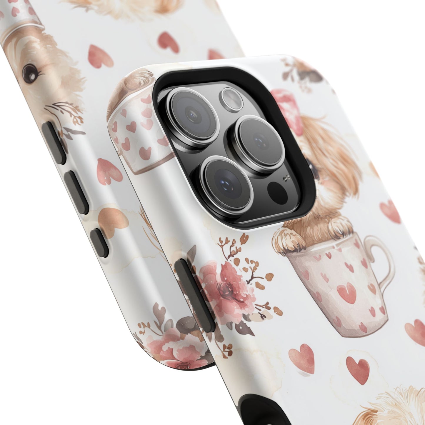 Cute Puppies in Heart MagSafe iPhone Case – Adorable Dog & Floral Design, Shockproof & Slim