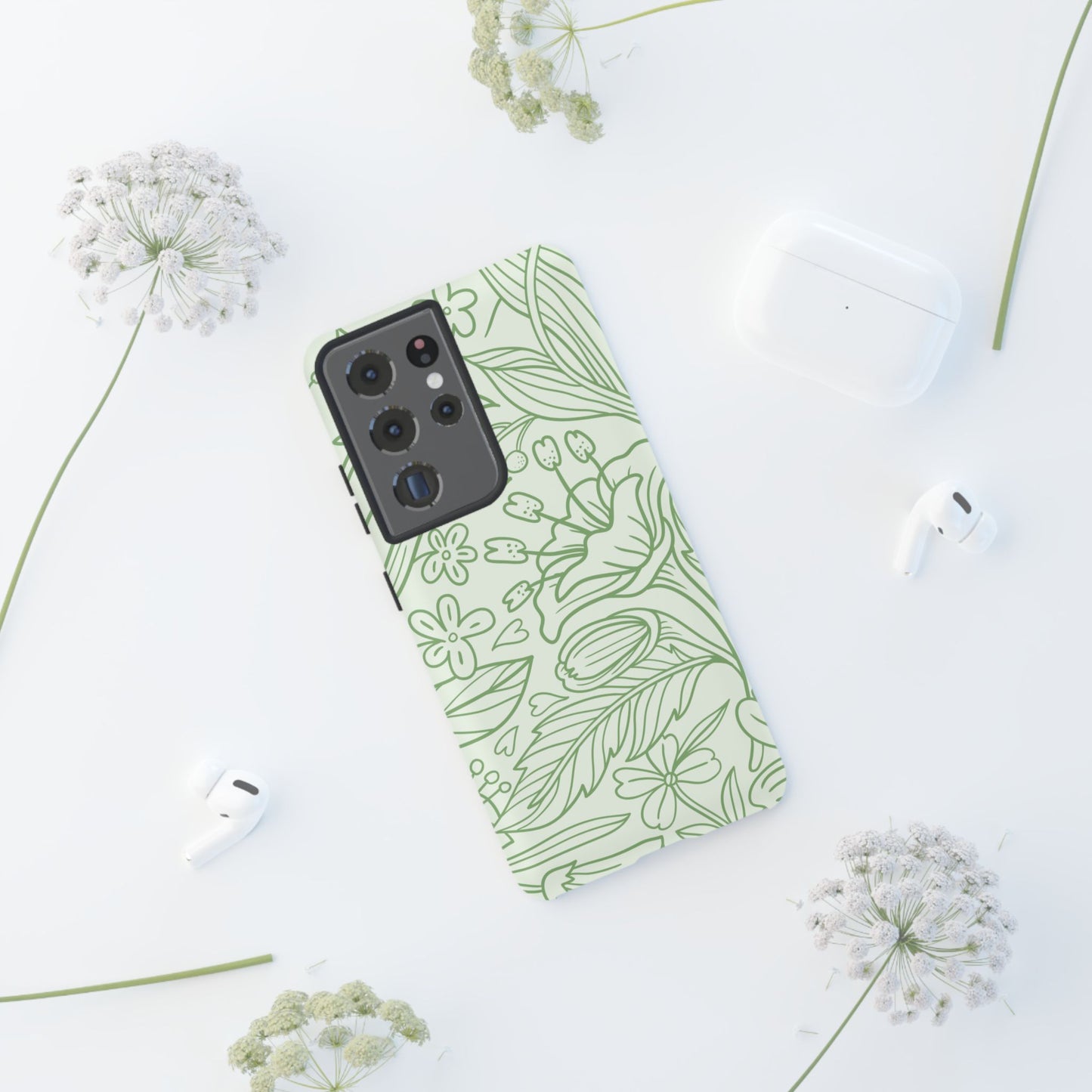 Sage Green Floral Line Art Tough Samsung Galaxy Case – Minimalist Botanical Design with Dual-Layer Protection