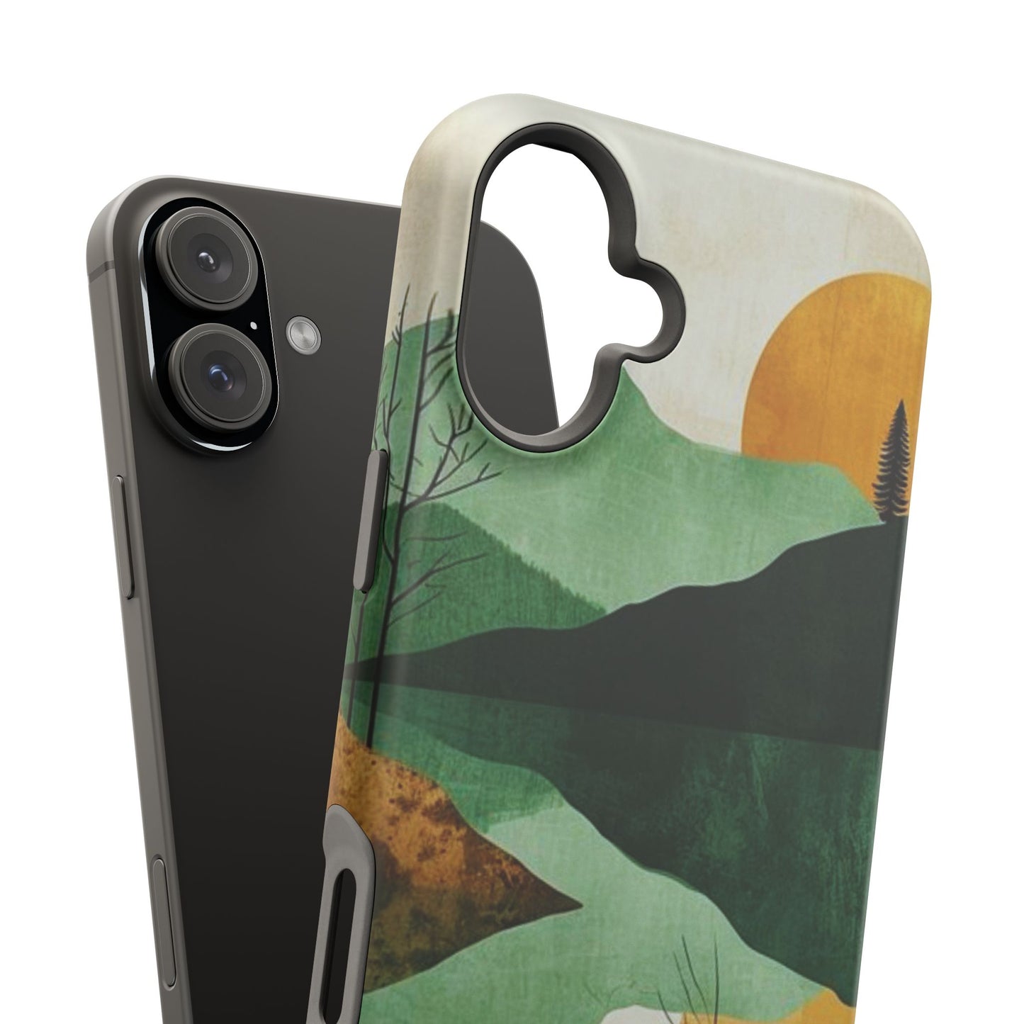 Retro Mountain Sunrise MagSafe iPhone Case – Minimalist Landscape Design, Dual-Layer Protection