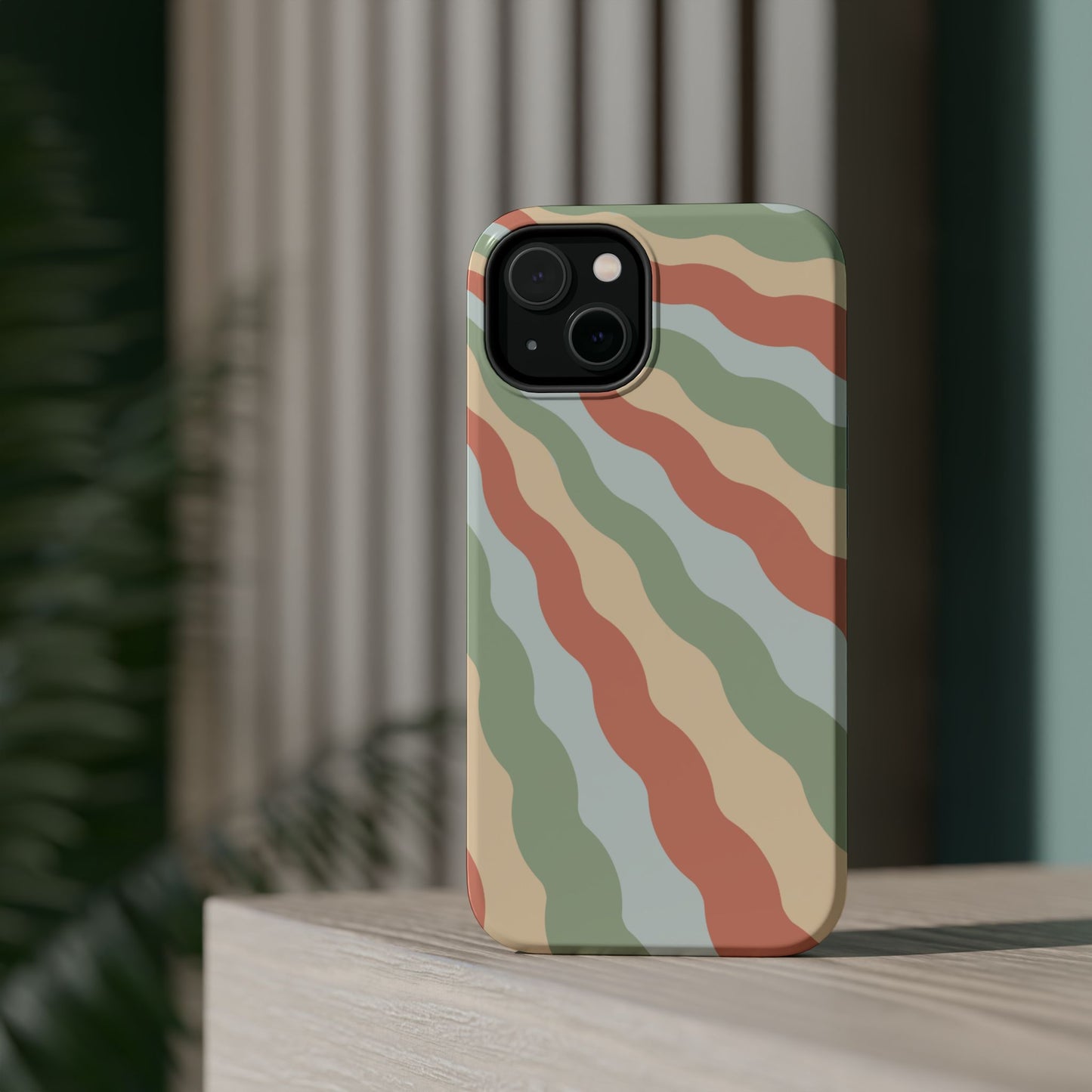 Earthy Retro Waves MagSafe iPhone Case – 70s-Inspired Wavy Stripes in Soft Green, Cream, and Rust