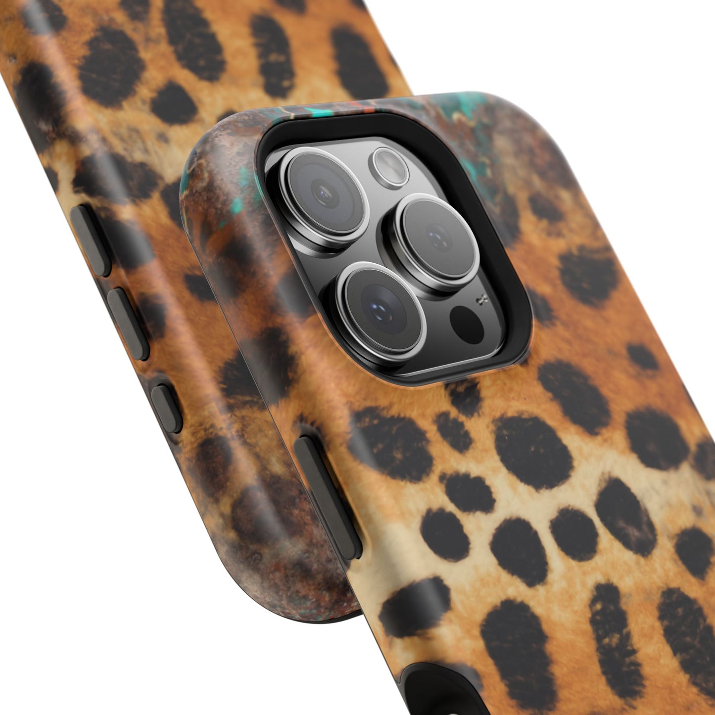 Rustic Leopard Print Tough MagSafe iPhone Case – Distressed Turquoise and Animal Pattern with Dual-Layer Protection