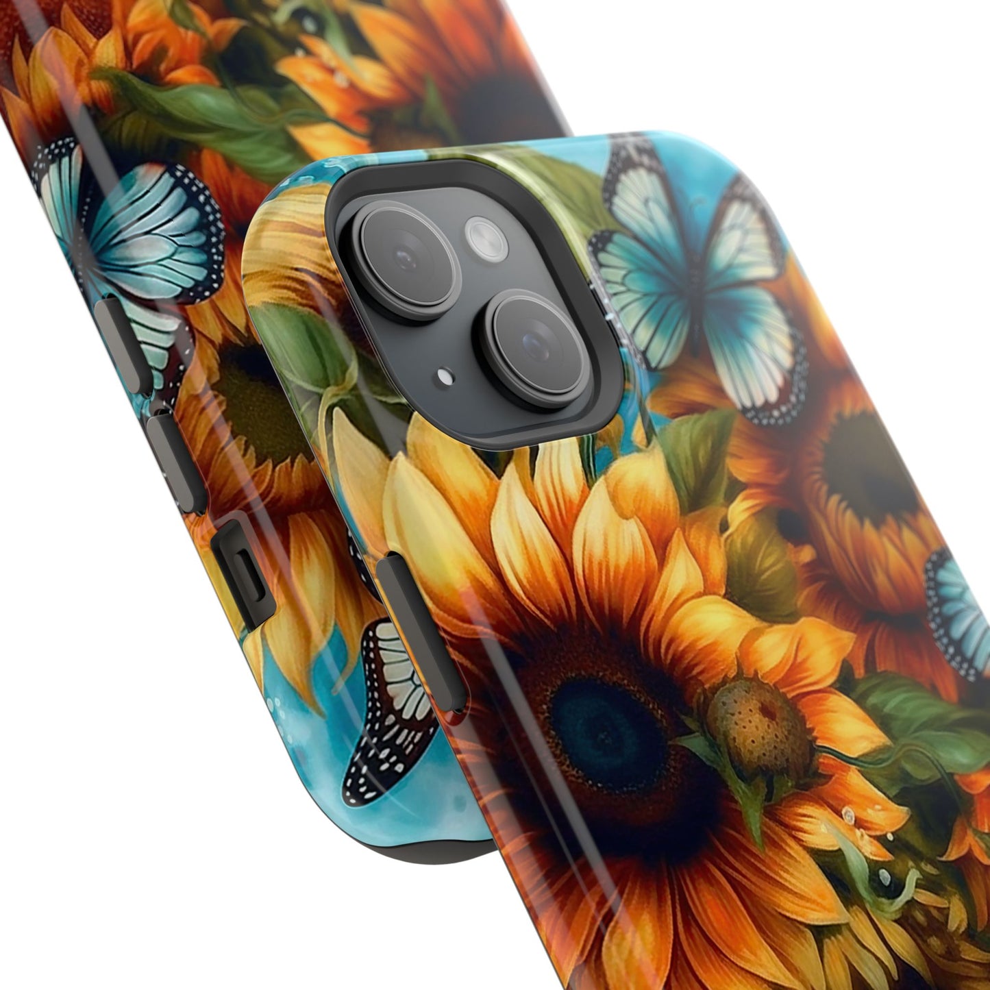 Aqua Blue Butterfly & Sunflower Art – MagSafe iPhone Case