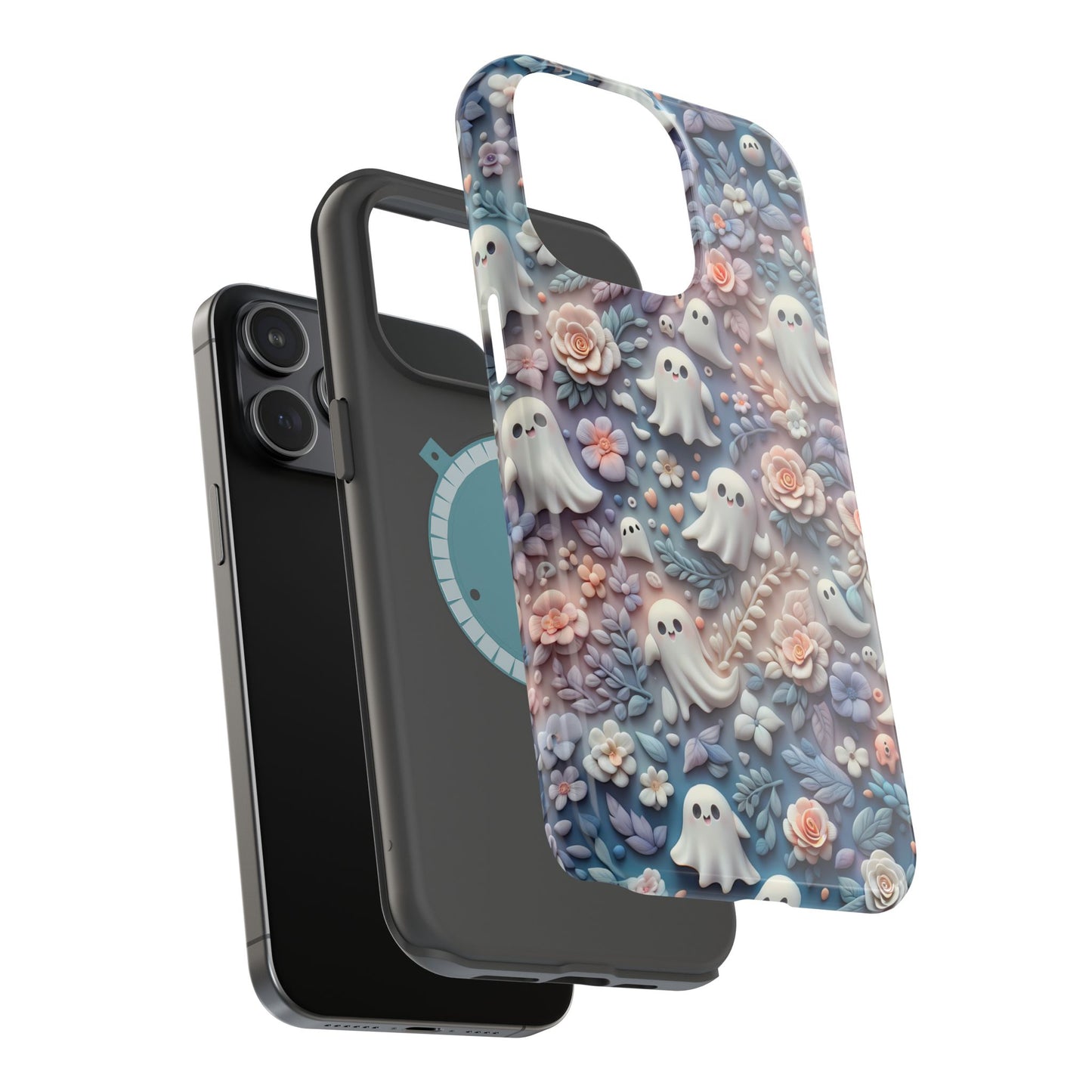 Cute MagSafe Ghosts Flowers Phone Case | Ethereal Clay Style | Autumn and Halloween Aesthetic | Tough Dual Layer Protection