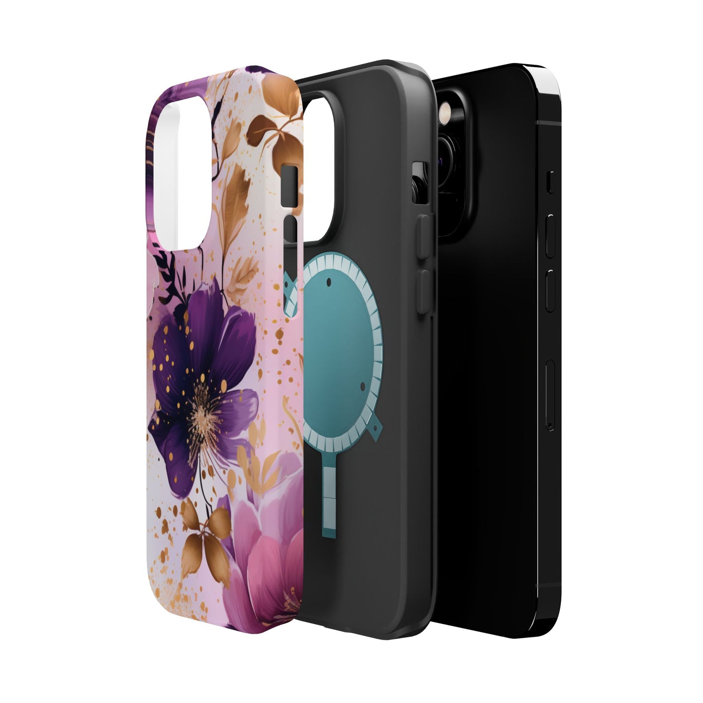 Elegant Purple & Gold Floral MagSafe iPhone Case - Luxe Flower Design