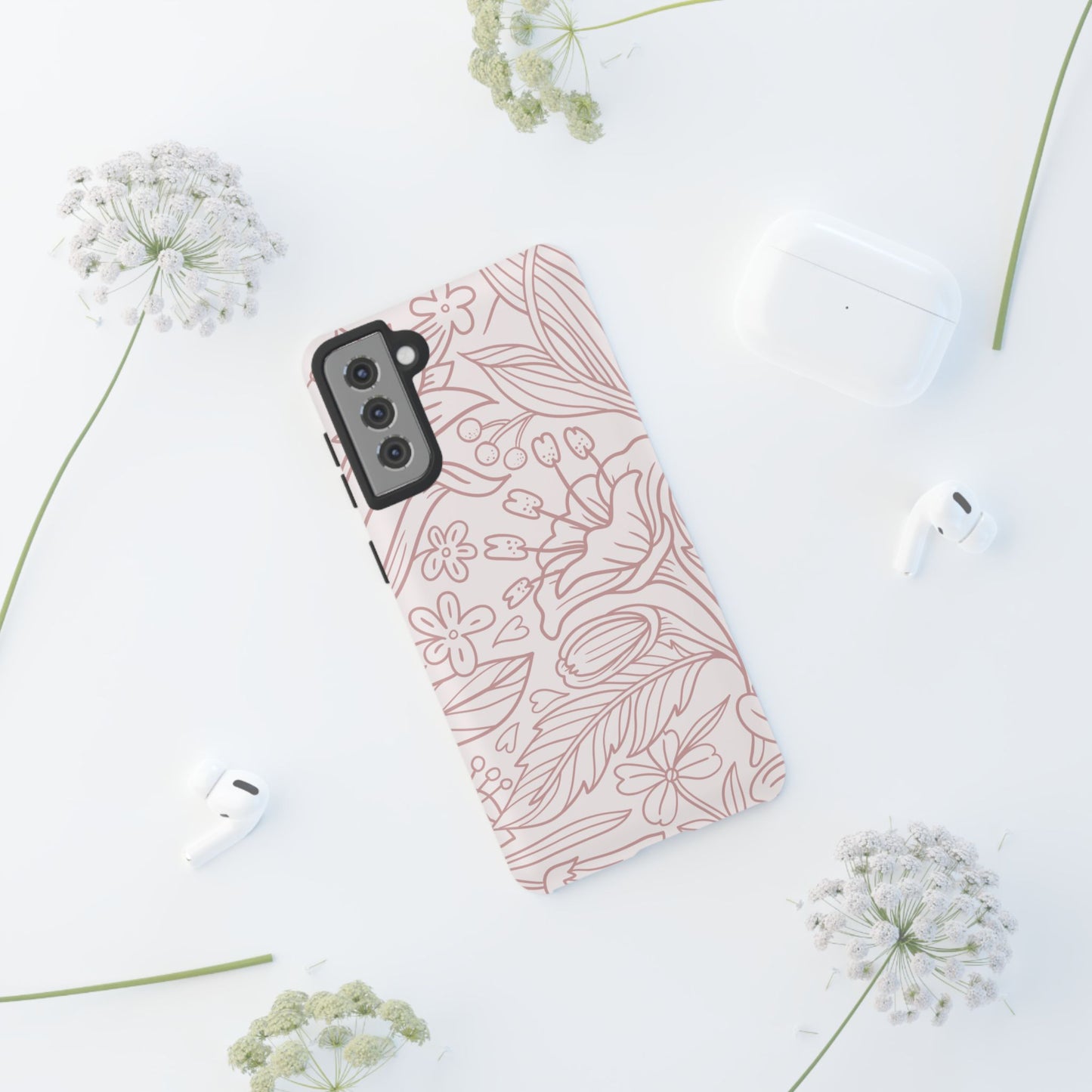 Blush Floral Line Art Tough Samsung Galaxy Case – Delicate Minimalist Design with Dual-Layer Protection