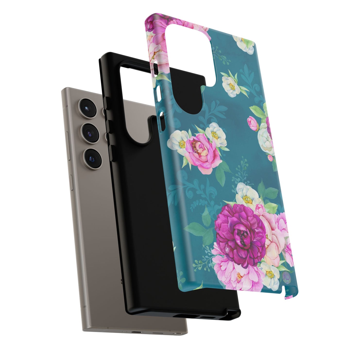 Elegant Peony Bouquet Samsung Galaxy Case – Deep Teal Background with Romantic Floral Design