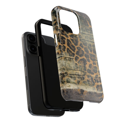 Rustic Wood and Leopard Print Tough iPhone Case – Distressed Western Design with Dual-Layer Protection