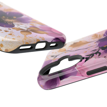 Elegant Purple & Gold Floral MagSafe iPhone Case - Luxe Flower Design