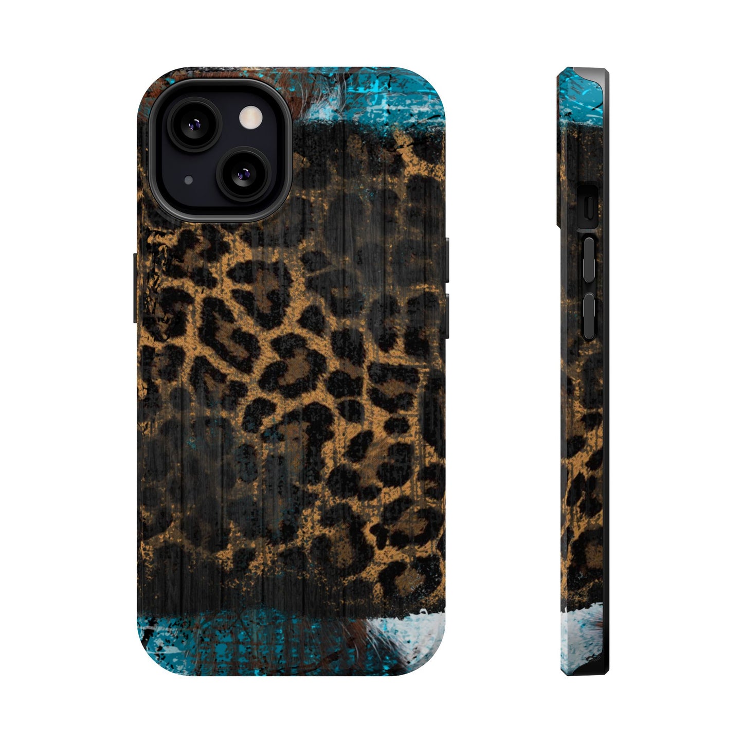 Boho Leopard and Turquoise Tough MagSafe iPhone Case – Rustic Western Design with Dual-Layer Protection