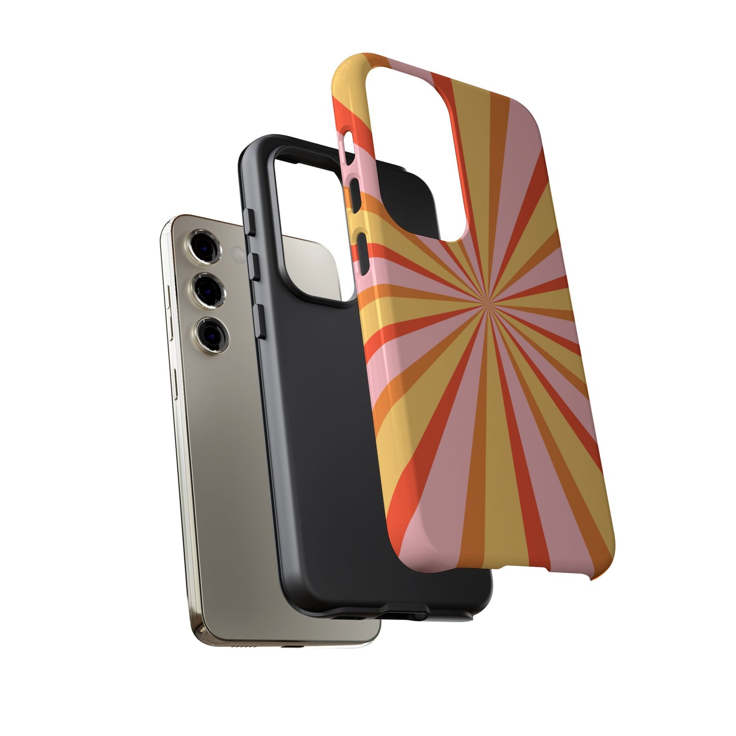 Bold Retro Sunburst Samsung Galaxy Case – Vibrant 70s-Inspired Rays in Orange, Pink, and Yellow