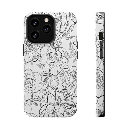 Monochrome Rose Garden Tough MagSafe iPhone Case – Elegant Floral Line Art with Dual-Layer Protection