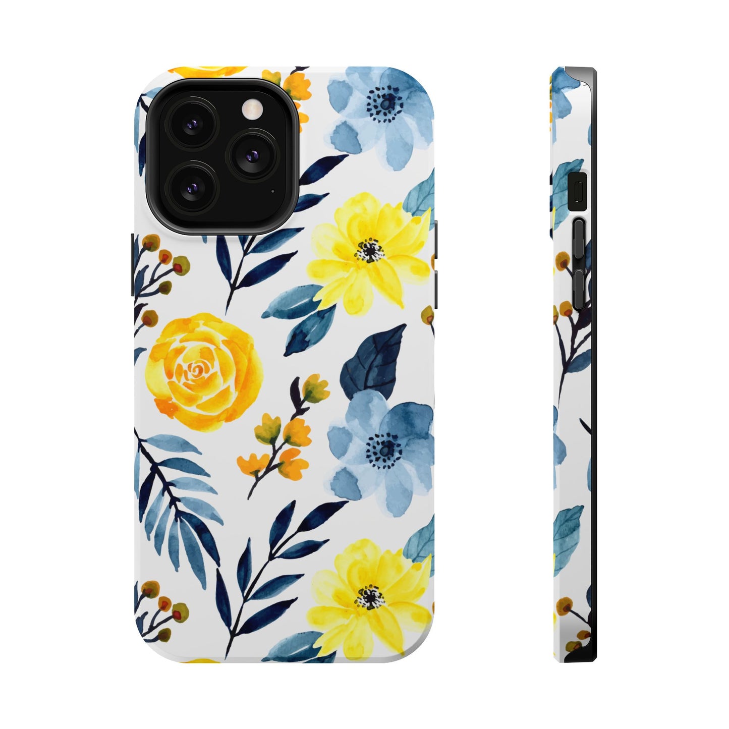 Golden Yellow & Sky Blue Floral – Watercolor Botanical MagSafe iPhone Case