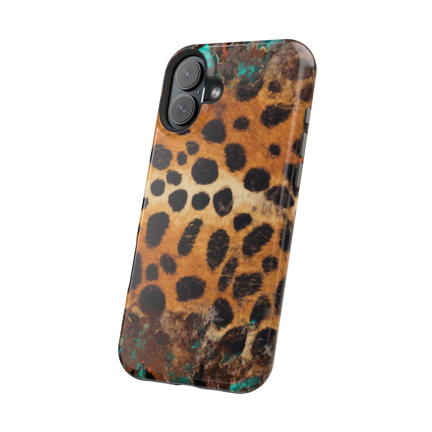 Rustic Leopard Print Tough MagSafe iPhone Case – Distressed Turquoise and Animal Pattern with Dual-Layer Protection