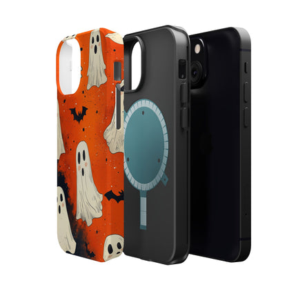 Spooky Ghosts & Bats  MagSafe iPhone Case – Vibrant Orange Halloween Design