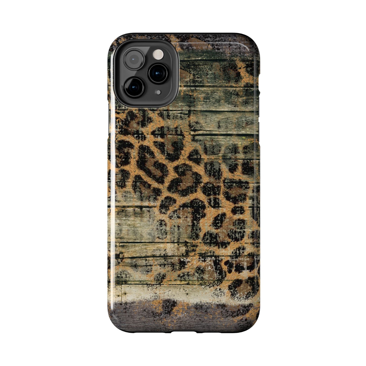 Rustic Wood and Leopard Print Tough iPhone Case – Distressed Western Design with Dual-Layer Protection