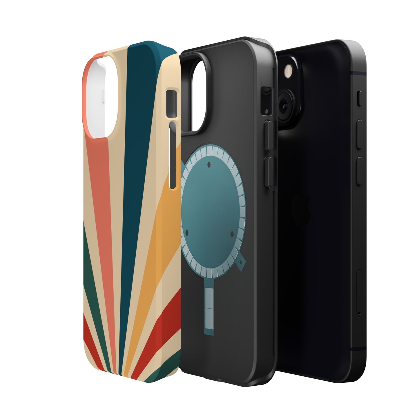 Retro Sunbeam MagSafe iPhone Case – 70s-Inspired Radiating Stripes in Coral, Teal, and Mustard