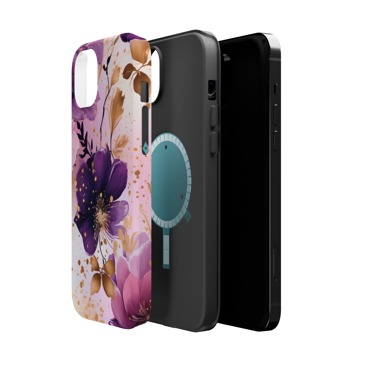 Elegant Purple & Gold Floral MagSafe iPhone Case - Luxe Flower Design