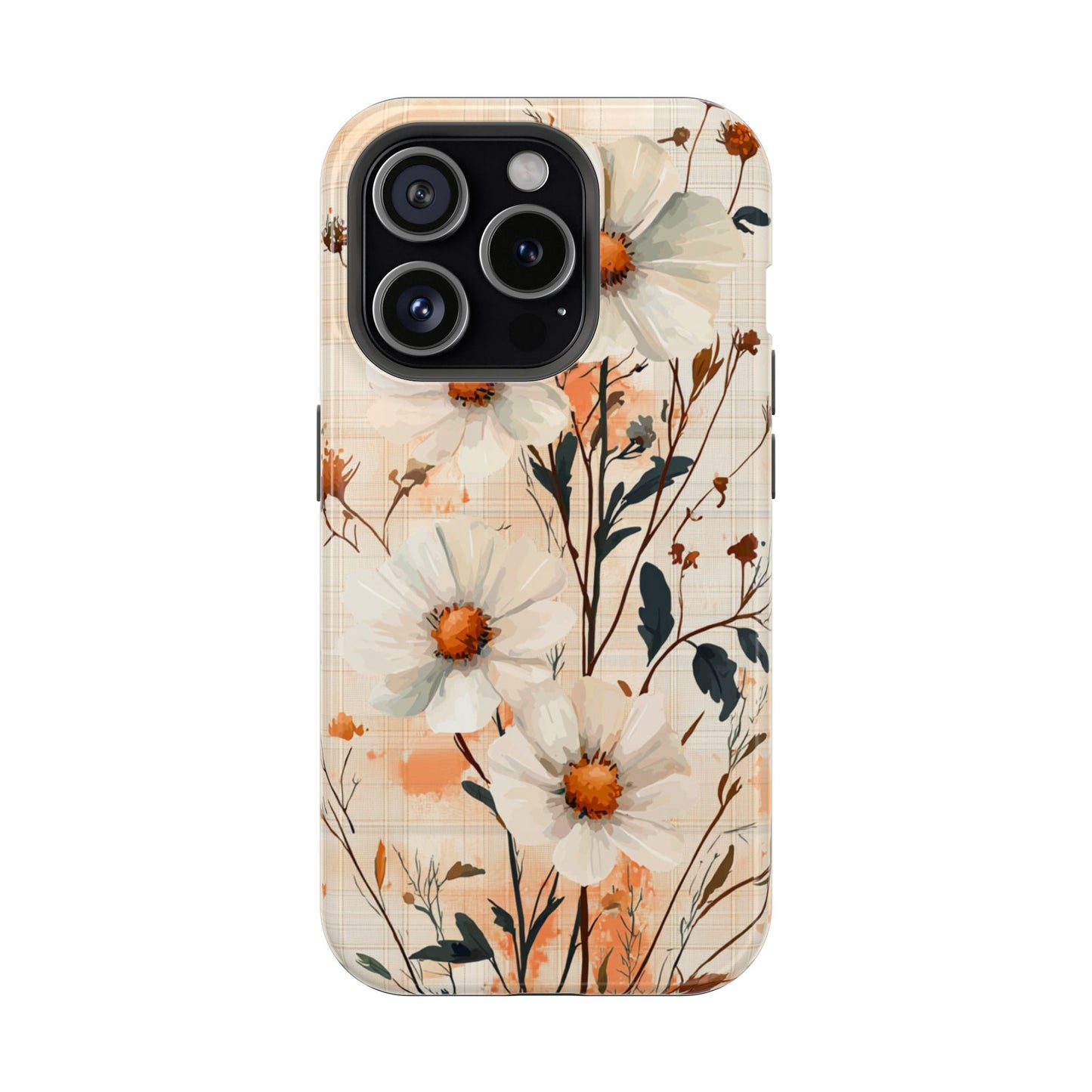 Pastel Orange Floral MagSafe iPhone Case - Elegant Plaid Protective Cover