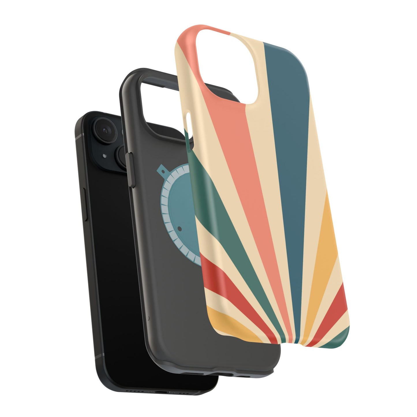 Retro Sunbeam MagSafe iPhone Case – 70s-Inspired Radiating Stripes in Coral, Teal, and Mustard