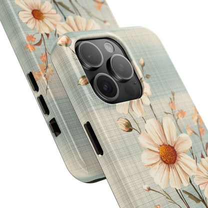 Vintage Plaid & Daisy Floral Tough iPhone Case – Dual-Layer Protection with Retro Flower Design