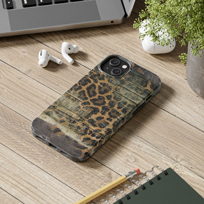 Rustic Wood and Leopard Print Tough iPhone Case – Distressed Western Design with Dual-Layer Protection