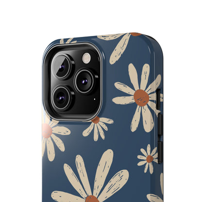 Vintage Daisies iPhone Case – Navy Blue Floral Design, Scratch - Resistant with Shock - Absorbing Bumper - BOGO Cases