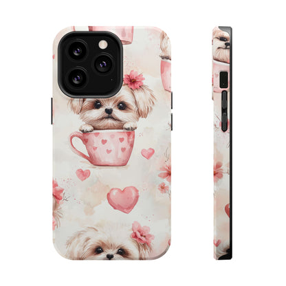 Floral Puppy in Teacup MagSafe iPhone Case – Cute Pink Flower Design, Tough Dual-Layer Protection