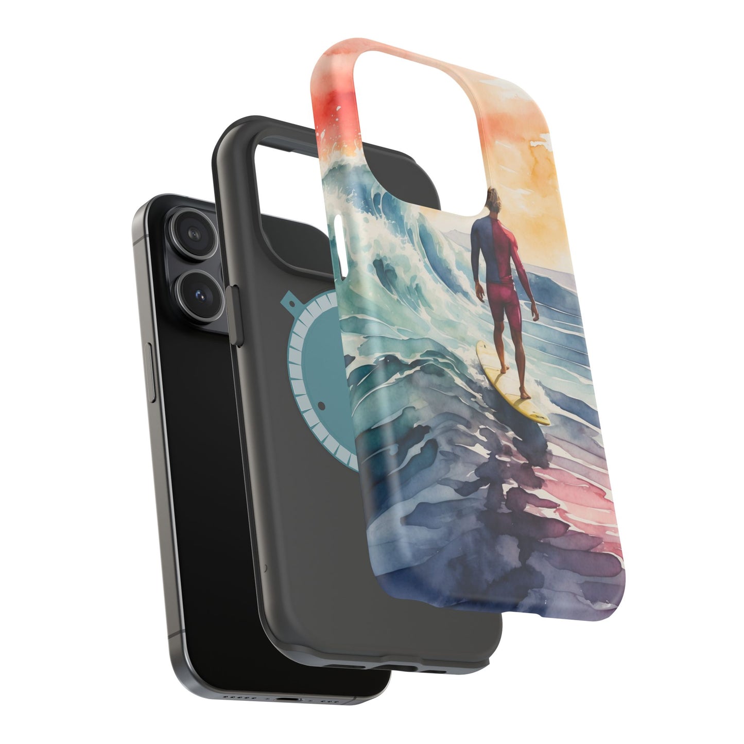 Surfer’s Sunset Wave MagSafe iPhone Case – Vibrant Watercolor Design