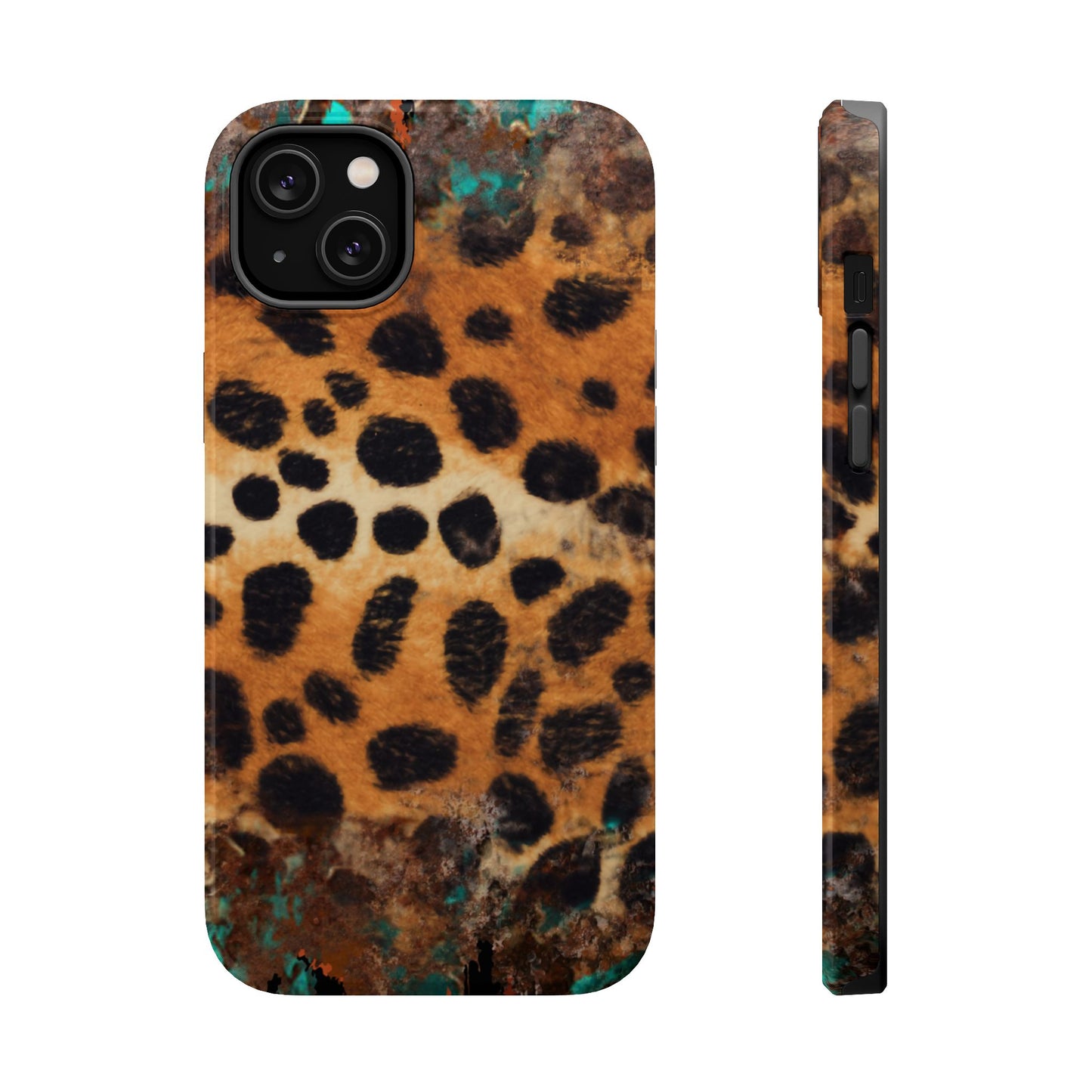 Rustic Leopard Print Tough MagSafe iPhone Case – Distressed Turquoise and Animal Pattern with Dual-Layer Protection