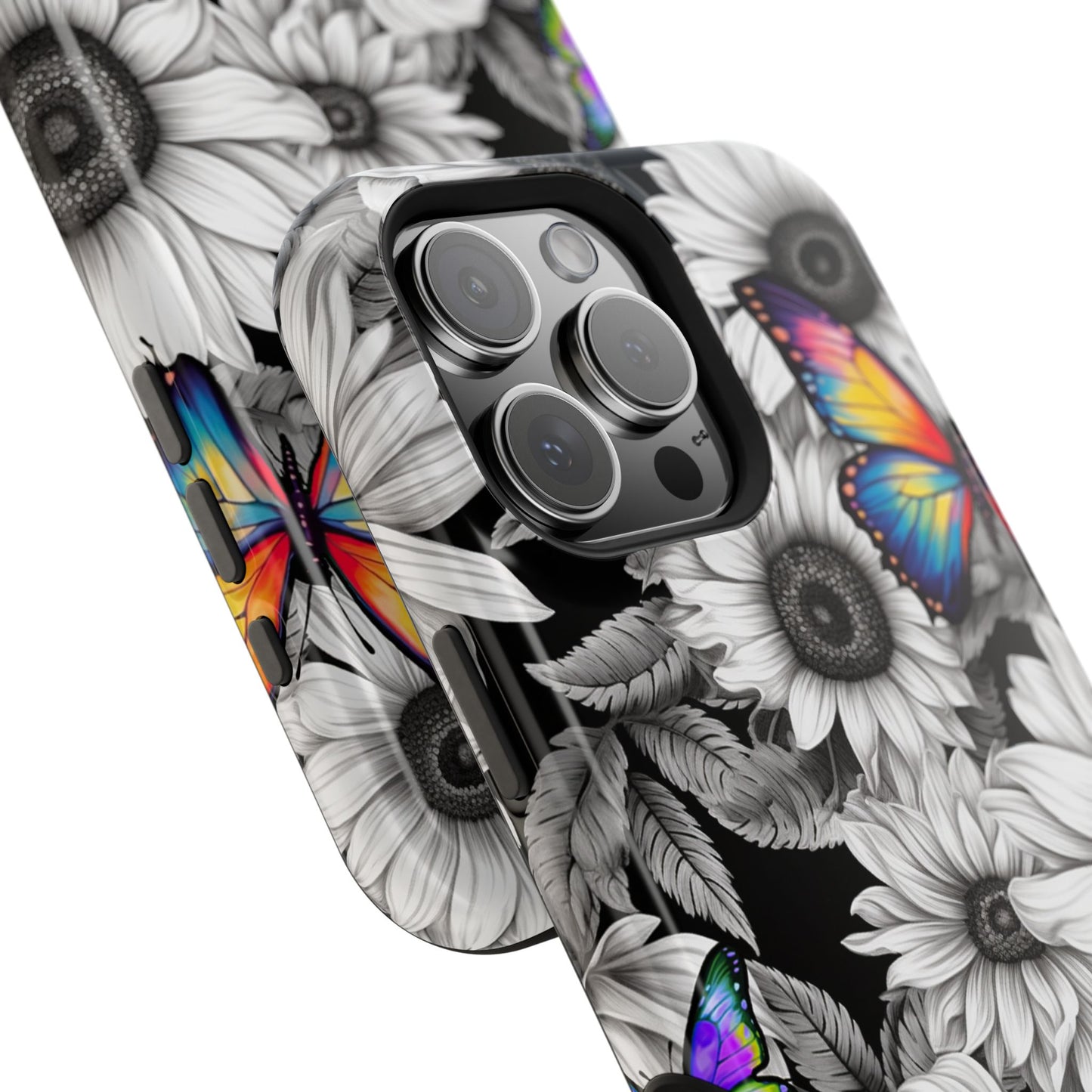 Rainbow Butterflies & Monochrome Sunflowers – MagSafe iPhone Case