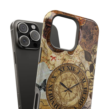 Steampunk Vintage Adventure MagSafe iPhone Case – Dual-Layer Protection with Antique Map and Clock Design