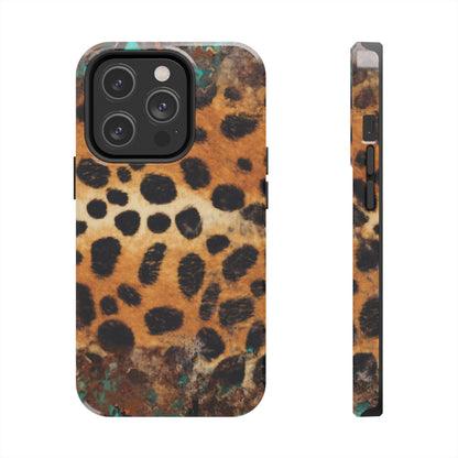 Rustic Leopard Print Tough iPhone Case – Distressed Turquoise and Animal Pattern with Dual-Layer Protection