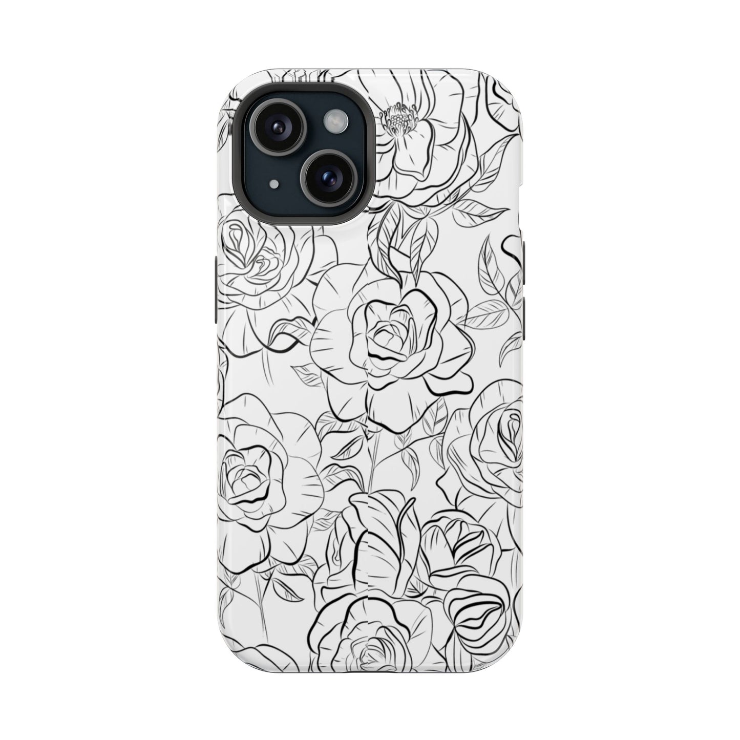 Monochrome Rose Garden Tough MagSafe iPhone Case – Elegant Floral Line Art with Dual-Layer Protection