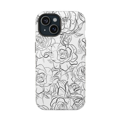 Monochrome Rose Garden Tough MagSafe iPhone Case – Elegant Floral Line Art with Dual-Layer Protection