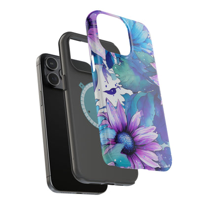 Purple & Teal Watercolor Floral MagSafe iPhone Case - Artistic Flower Design