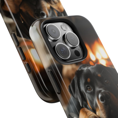 Cozy Rottweiler by the Fireplace iPhone Case – Warm Rustic Design