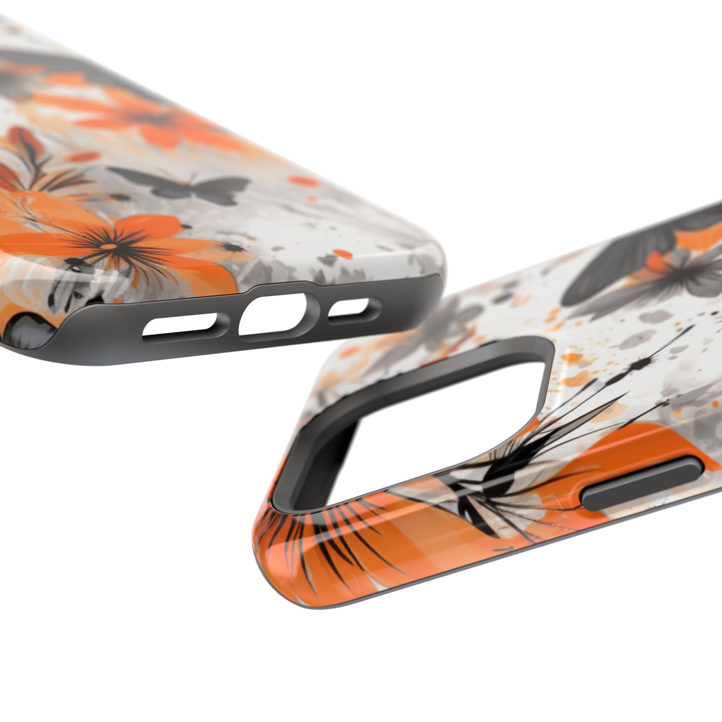 Orange Blossom & Black Butterfly MagSafe iPhone Case – Bold Floral Pattern with Modern Abstract Style