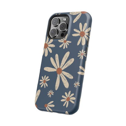 Vintage Daisies MagSafe iPhone Case – Navy Blue Floral Design, Scratch-Resistant with Shock-Absorbing Bumper