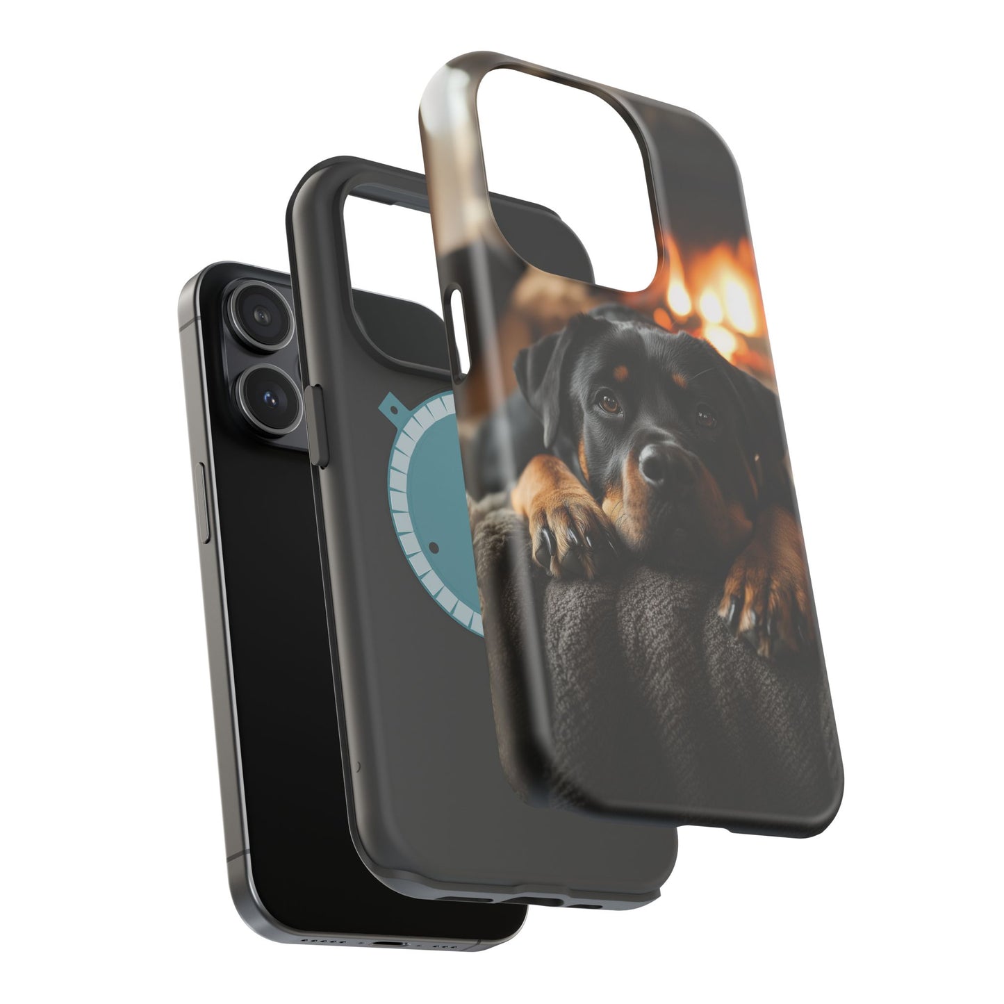 Cozy Rottweiler by the Fireplace MagSafe iPhone Case – Warm Rustic Design