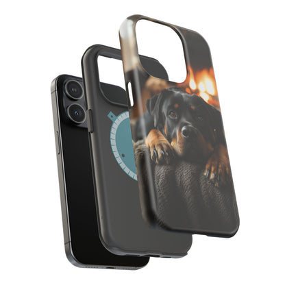 Cozy Rottweiler by the Fireplace MagSafe iPhone Case – Warm Rustic Design