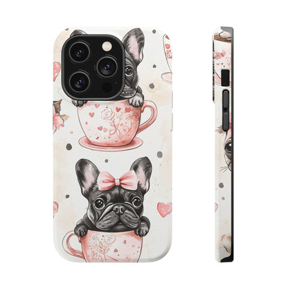 French Bulldogs in Teacups MagSafe iPhone Case – Cute Dog Design with Hearts & Bows, Shockproof & Slim