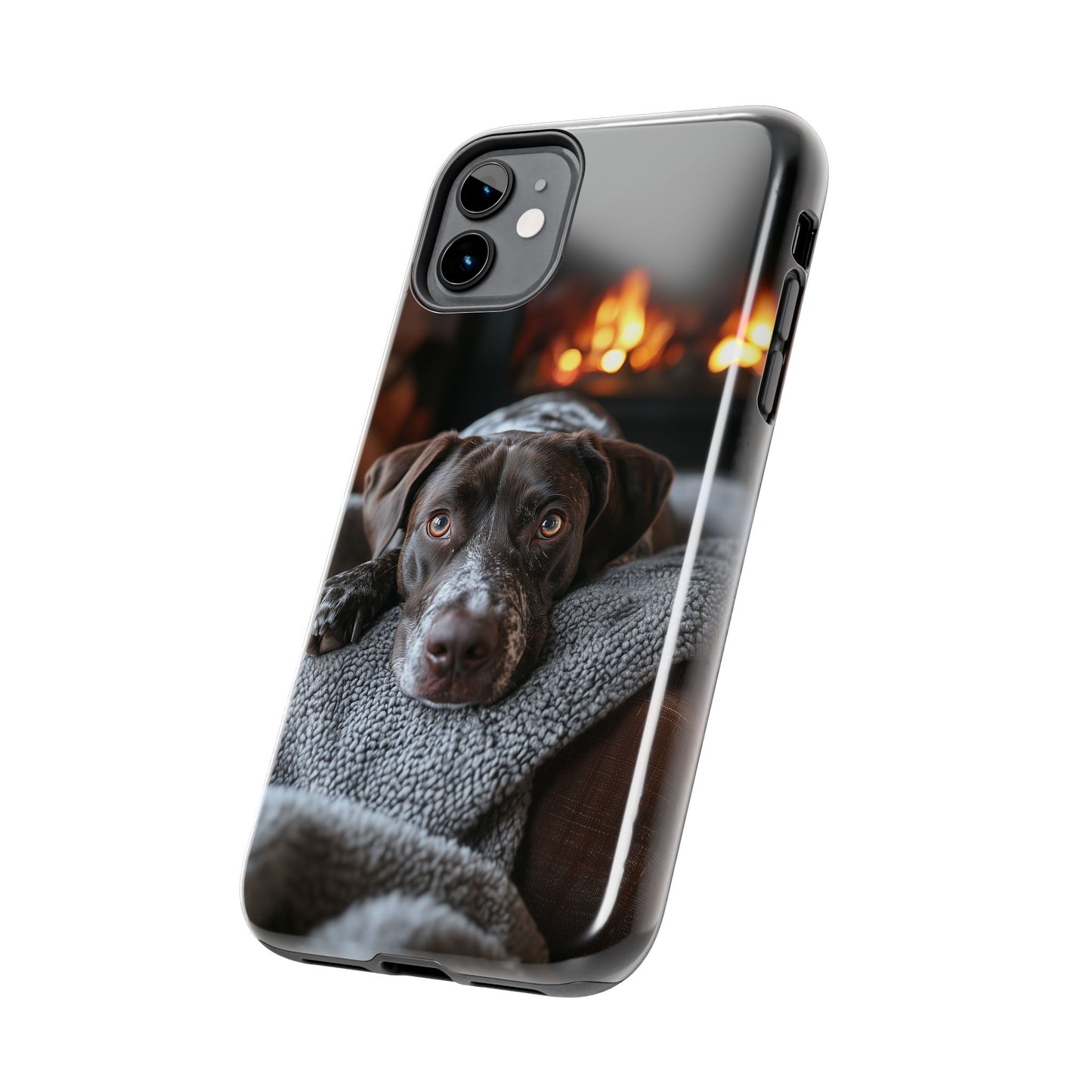 Cozy German Shorthaired Pointer iPhone Case – Rustic Fireplace Protective Cover