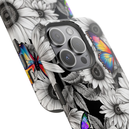 Rainbow Butterflies & Monochrome Sunflowers – MagSafe iPhone Case