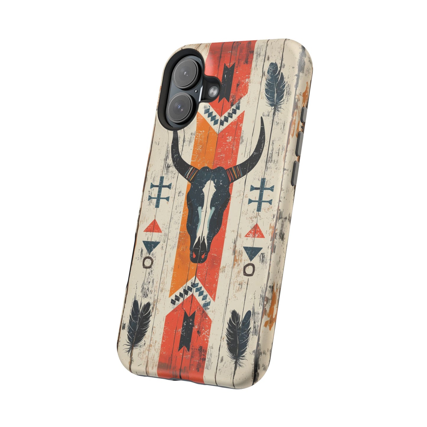 Rustic Western Bull Skull Tough MagSafe iPhone Case – Distressed Wood Design, Dual-Layer Protection