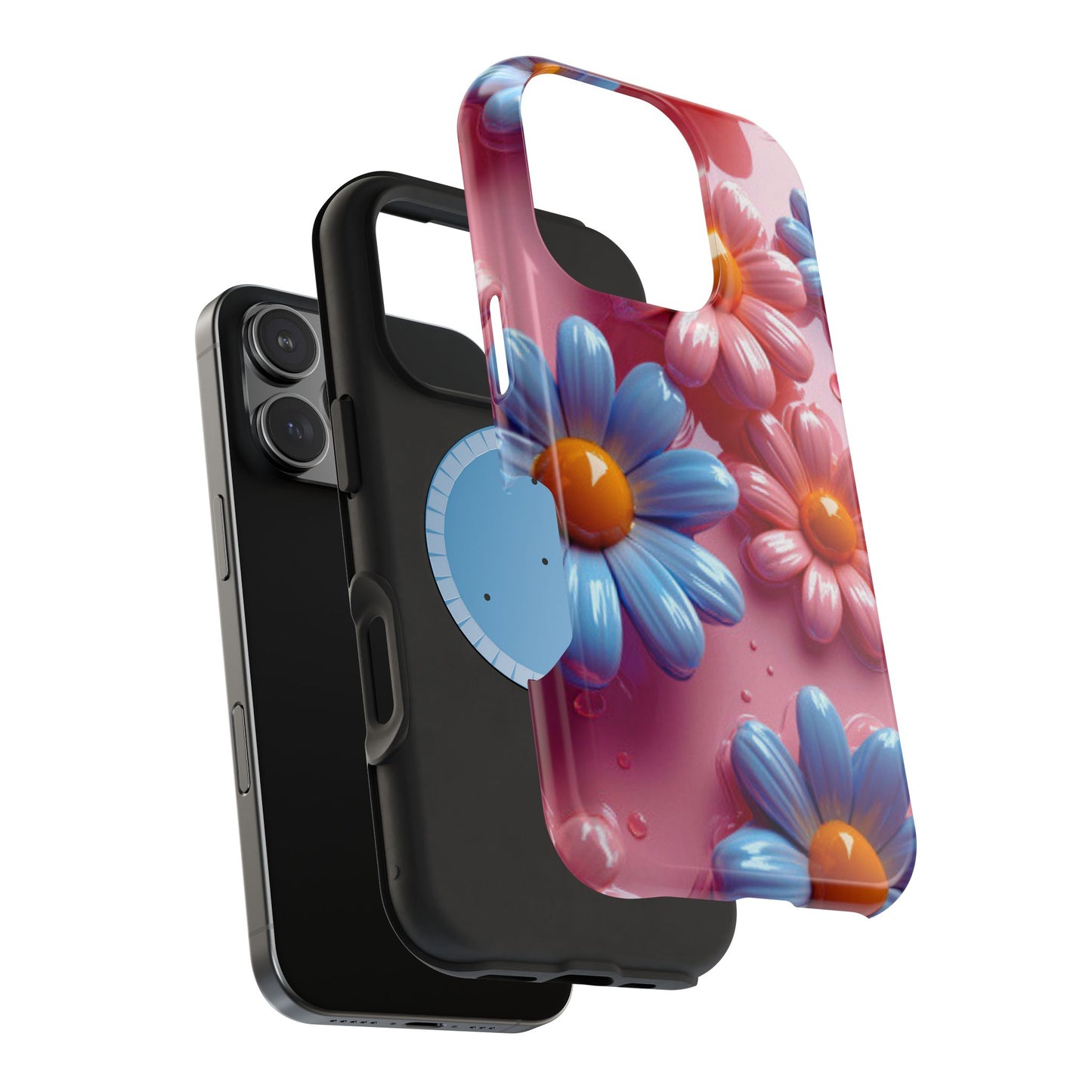 Pastel Daisy 3D MagSafe iPhone Case – Glossy Pink and Blue Floral Design, Full Protection