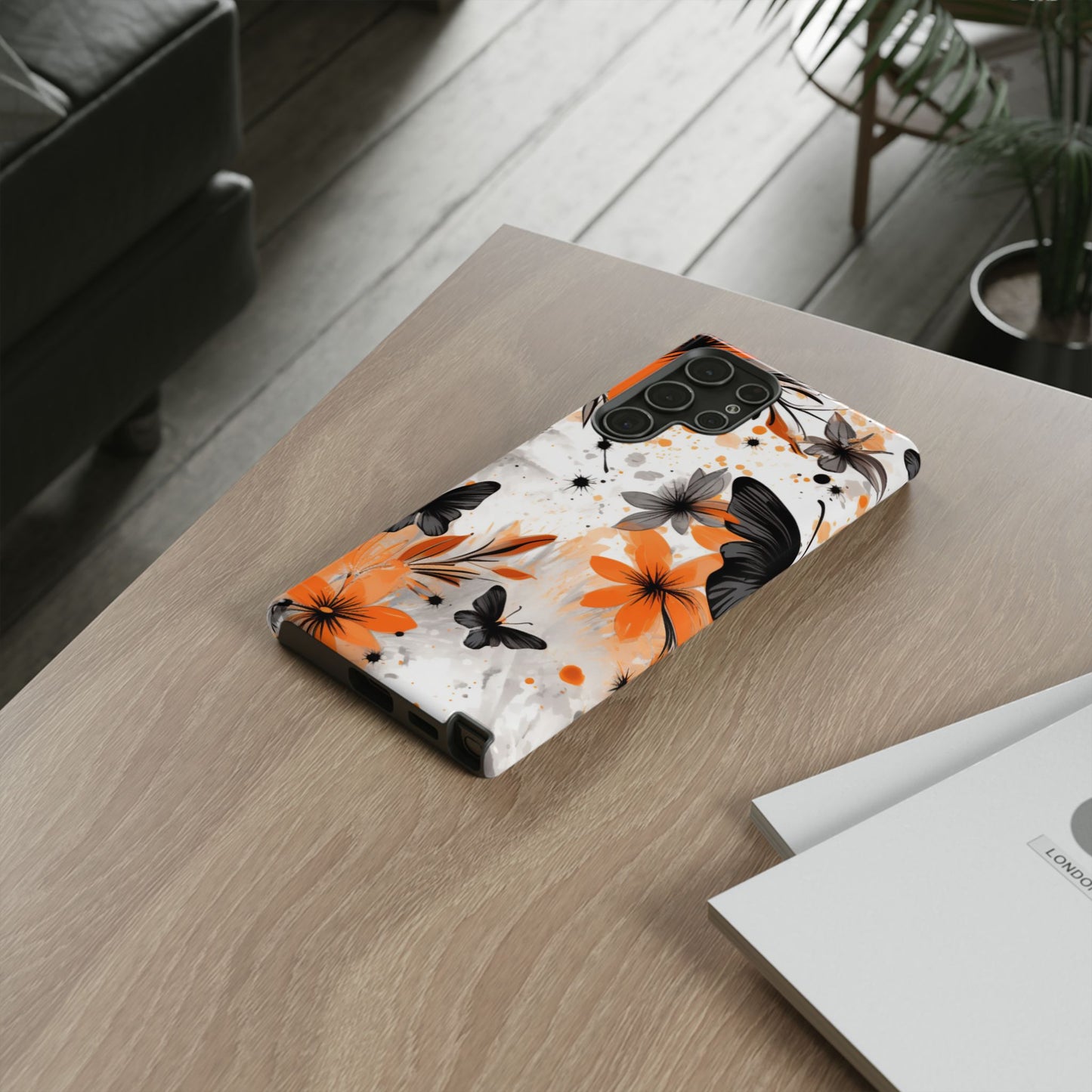 Orange Blossom & Black Butterfly Samsung Galaxy Case – Bold Floral Pattern with Modern Abstract Style