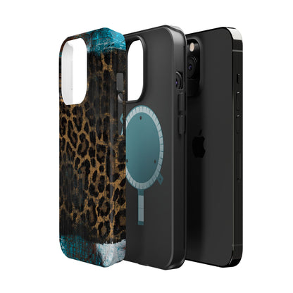 Boho Leopard and Turquoise Tough MagSafe iPhone Case – Rustic Western Design with Dual-Layer Protection