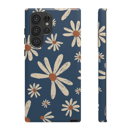 Vintage Daisies Samsung Galaxy Case – Navy Blue Floral Design, Scratch-Resistant with Shock-Absorbing Bumper
